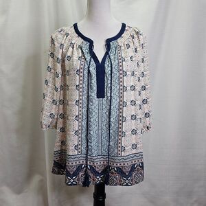 DR2 By Daniel Rainn Blue and Cream Patterned Popover Boho Blouse Size Medium